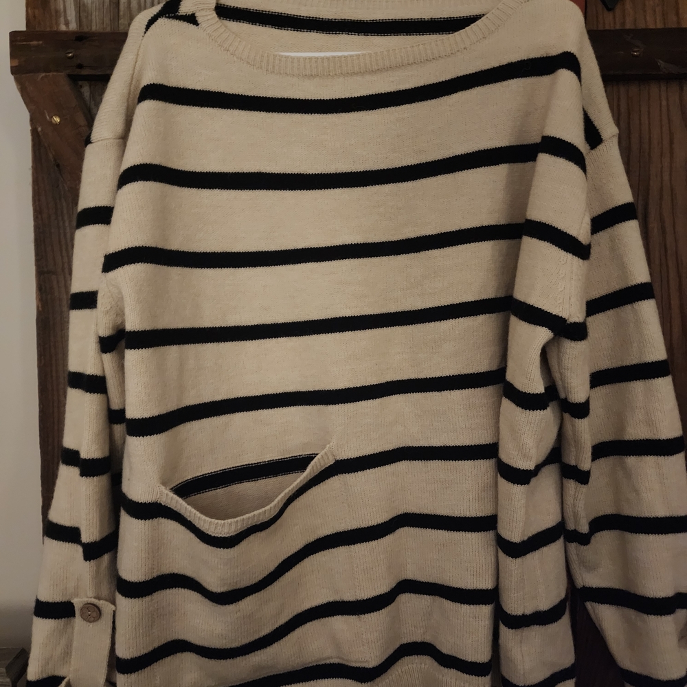 Elegant Black and Cream Striped Women's Sweater